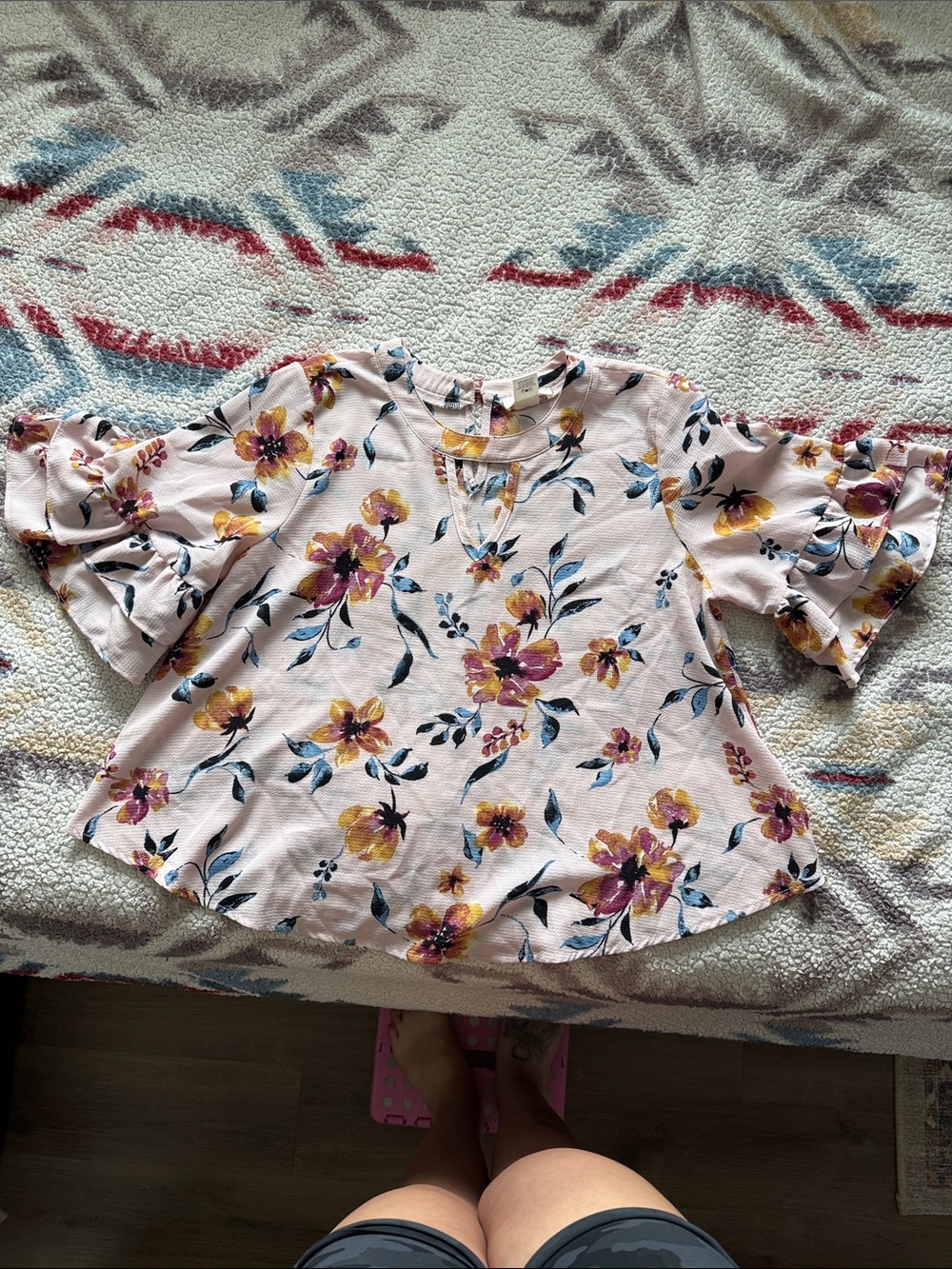 URBAN Romantics Pink Floral Bell-Sleeve Tunic with Yellow & Blue Accents